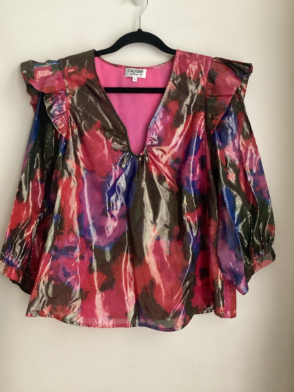 Crosby by Mollie Burch Floral Metallic Top Medium Ruffle Sleeve V-Neck Pink